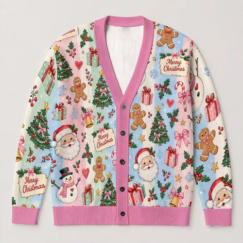 Pink Santa and Snowman Christmas Cheer for Festive Holiday Winter Celebrations All-over Print Knitted Cardigan