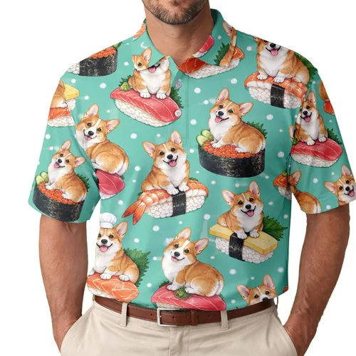 Corgi Sushi Golf Style for Japanese Food Lovers and Dog-Loving Women on Course Days Men's Polo Shirt