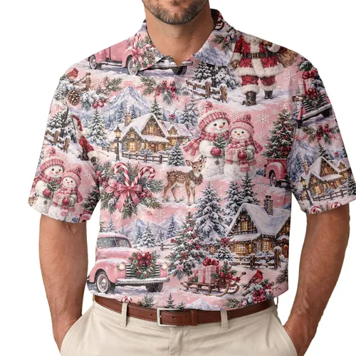 Pink Christmas Santa Trucks And Snowy Village Scenes For Festive Winter Golf Days Men's Polo Shirt