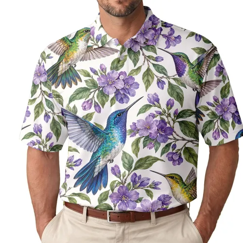 Hummingbird Floral Golf Style for Summer Bird Lovers, Garden Fans, and Nature Lovers Men's Polo Shirt