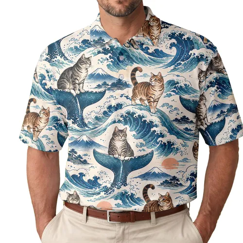Ocean Cat Whale Golf Scene For Coastal Fairways And Nautical Cat Lovers Outdoors Men's Polo Shirt
