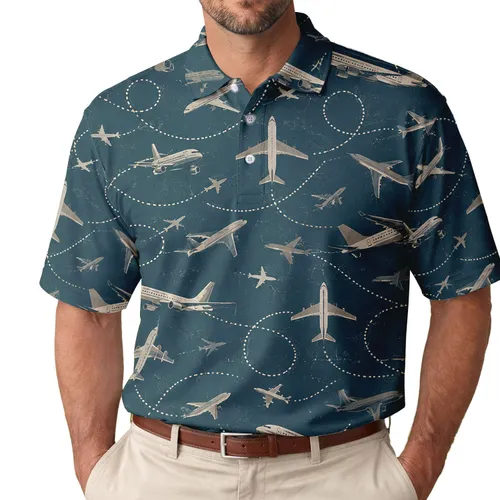 Airplane Flight Paths and Vintage Aircraft for Travel, Golf Days, and Pilot Lovers Men's Polo Shirt