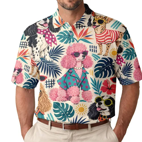 Retro Tropical Dog Golf Style For Sunny Resort Days, Vacations, And Stylish Dog Lovers Men's Polo Shirt
