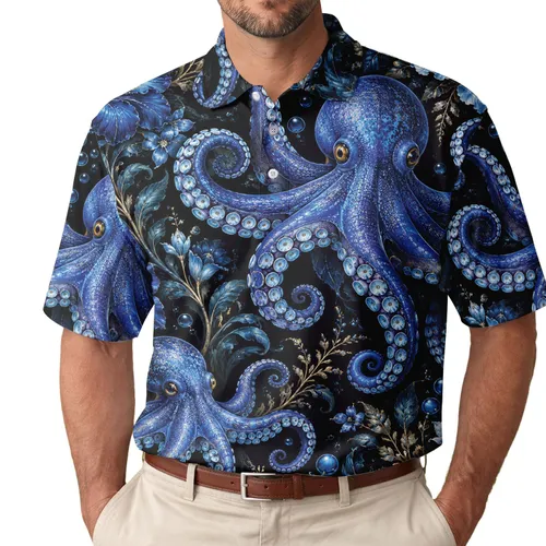 Blue Octopus And Ocean Flowers For Coastal Golf Days, Summer Leisure, Marine Lover Women Men's Polo Shirt