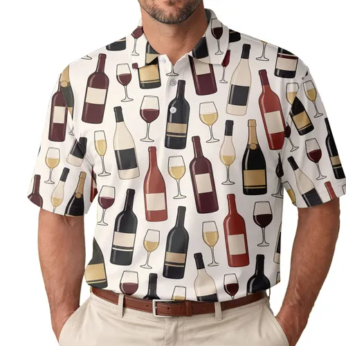 Wine Bottle And Glass Motifs For Vineyard Gatherings, Golf Days, And Leisure Travel Men's Polo Shirt
