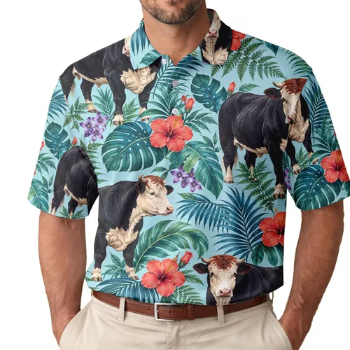 Hereford Cows Amid Tropical Blooms for Country Summer Gatherings and Farm Days Men's Polo Shirt
