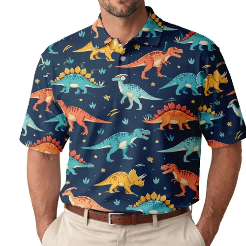 Colorful Dinosaur Parade For Weekend Golf And Casual Adventures For Dino Lovers Men's Polo Shirt