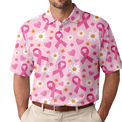 Pink Ribbon Hearts And Daisies For Breast Cancer Awareness Support And Caregiver Gifts Men's Polo Shirt