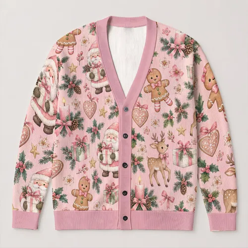 Blush Gingerbread Holiday Characters for Cozy Winter Gatherings and Festive Women All-over Print Knitted Cardigan
