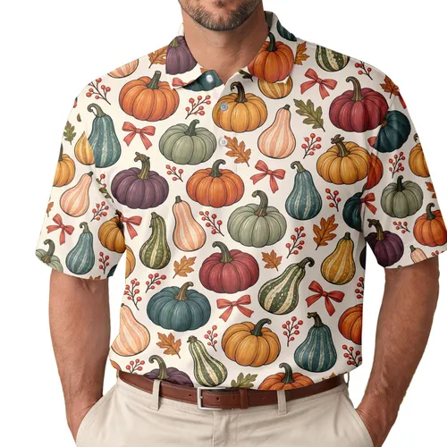 Colorful Pumpkin Gourds and Autumn Bows for Harvest Gatherings and Thanksgiving Family Men's Polo Shirt