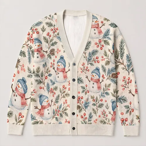 Snowmen And Winter Berry Sprigs For Cozy Holiday Layering In Plus Size Everyday Style All-over Print Knitted Cardigan