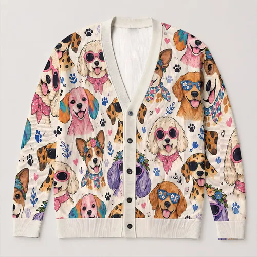 Colorful Sunglasses Dog Portraits for Cozy Fall Layering Everyday Wear and Pet Lover Gifts All-over Print Knitted Cardigan