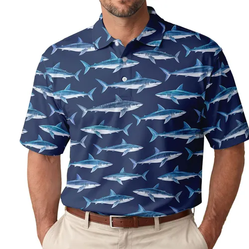 Colorful Shark Motifs for Summer Beach Vacations and Coastal Getaways for All Ages Men's Polo Shirt