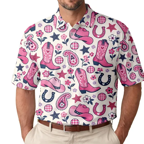 Pink Cowgirl Boots, Hats and Horseshoes for Rodeo Days and Country Style Weekend Wear Men's Polo Shirt