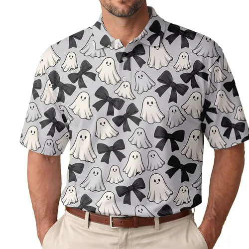 Coquette Ghosts With Black Bows For Halloween Parties And Spooky Golf Days For Her Men's Polo Shirt