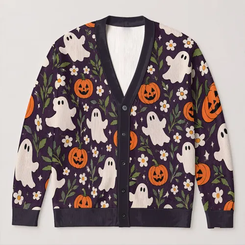 Halloween Ghost Pumpkin Daisy Motifs for Cozy Autumn Layering and Casual Boho Women All-over Print Knitted Cardigan