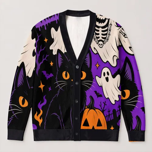 Black Cat, Friendly Ghosts And Pumpkins For Spooky Halloween Fall Celebrations All-over Print Knitted Cardigan
