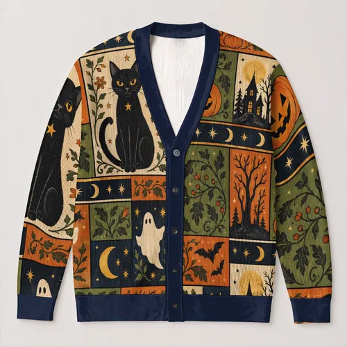 Black Cat Ghost Pumpkin Halloween Patchwork for Cozy Spooky Season Fall Festival Wear All-over Print Knitted Cardigan