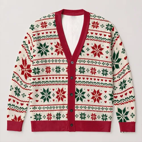 Nordic Snowflake Hearts for Cozy Christmas Gatherings and Festive Winter Days at Home All-over Print Knitted Cardigan