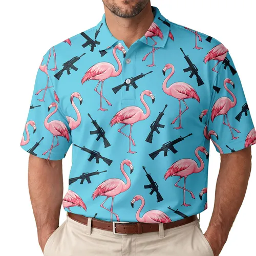 Pink Flamingos and Black Rifles for Tropical Golf Days and Summer Getaways Outdoors Men's Polo Shirt