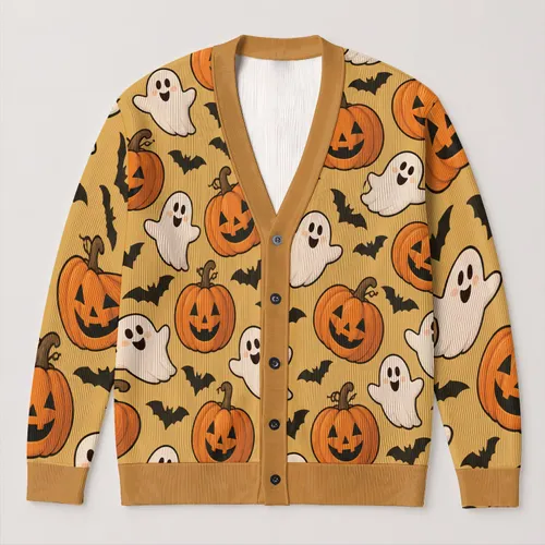 Pumpkin Ghost Halloween Autumn Style For Women, Cozy Vacation And Date-Ready Layering All-over Print Knitted Cardigan