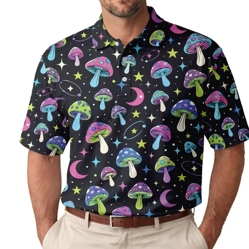 Psychedelic Mushroom Moon and Star Motifs for Festivals, Raves and Cosmic Nightlife Men's Polo Shirt