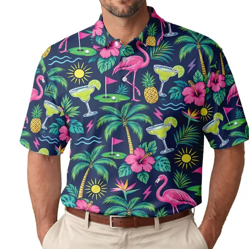 Neon Flamingo Margarita Motifs for Golf Days, Tropical Parties and Summer Resort Fun Men's Polo Shirt