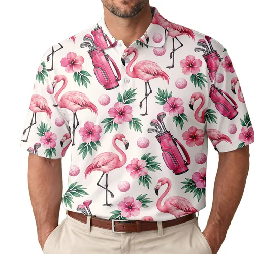 Pink Flamingo Golf Bags And Flowers For Tropical Aloha Fairway Days, Women And Men Men's Polo Shirt