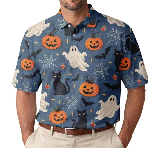Ghost Pumpkin Black Cat Halloween Night Fun for Trick or Treat Parties and Autumn Festival Events Men's Polo Shirt