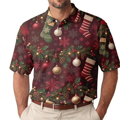 Christmas Golf Stockings and Snowflakes for Holiday Tournaments and Festive Gifts Men's Polo Shirt