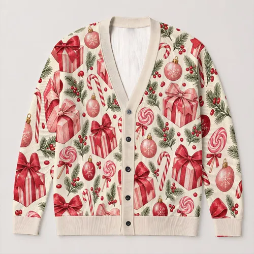 Pink Christmas Gift Bows And Ornaments For Festive Winter Layering Women’s Holiday Style All-over Print Knitted Cardigan