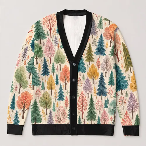 Watercolor Forest Trees for Cozy Autumn Layering, Woodland Style for Nature Lovers All-over Print Knitted Cardigan