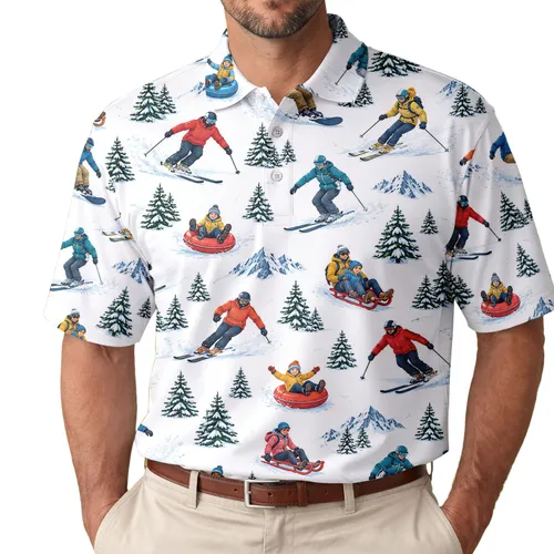 Skiing Snowboarding Tubing and Sledding for Alpine Holidays and Active Outdoor Style Men's Polo Shirt