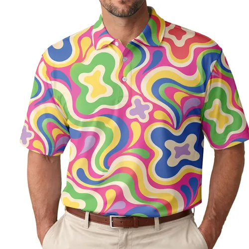 Groovy Neon Swirls and Floral Shapes for Golf Days, Pickleball Fun, and Summer Men's Polo Shirt