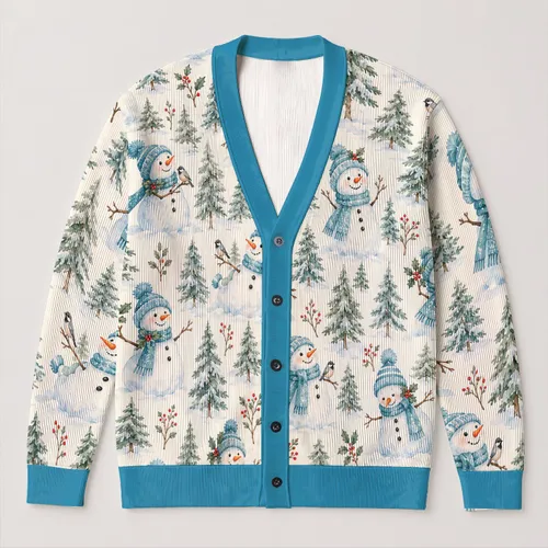 Watercolor Snowmen And Evergreen Trees For Winter Holiday Outings And Cozy Layering All-over Print Knitted Cardigan