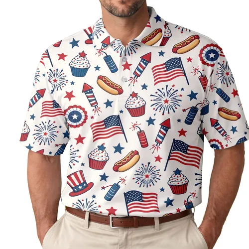 American Flag Fireworks And Patriotic Icons For Fourth Of July Golf Celebrations Men's Polo Shirt