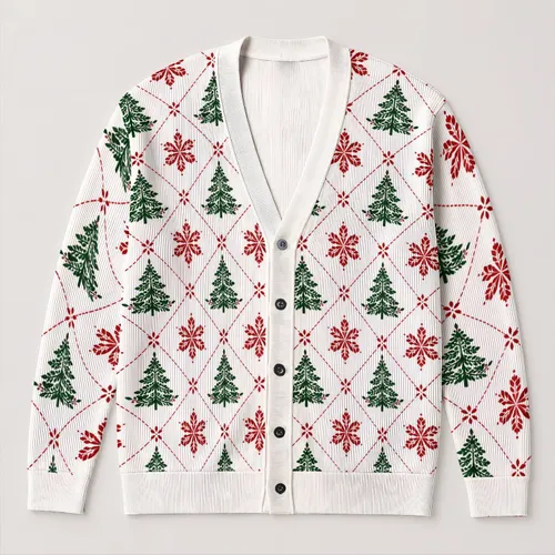 Red Green Christmas Tree Motifs For Holiday Gatherings And Cozy Winter Layering Wear All-over Print Knitted Cardigan