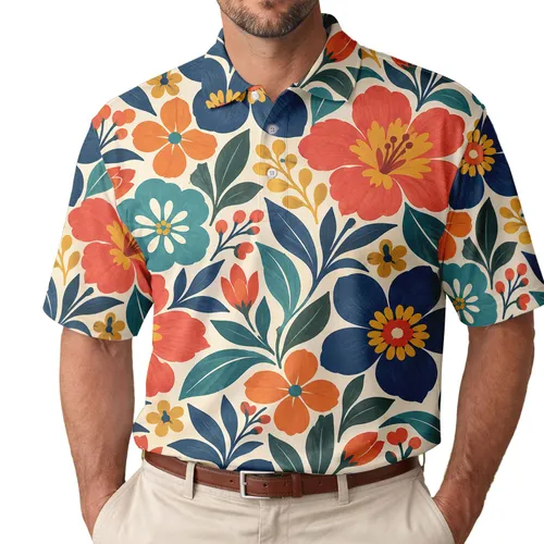 Retro 70s Floral Garden Motif for Sunny Summer Golf Days and Resort Weekend Style Men's Polo Shirt
