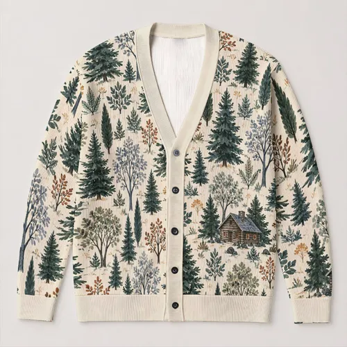 Woodland Cabin Evergreen Botanical Scene For Everyday Layering And Nature Lovers All-over Print Knitted Cardigan