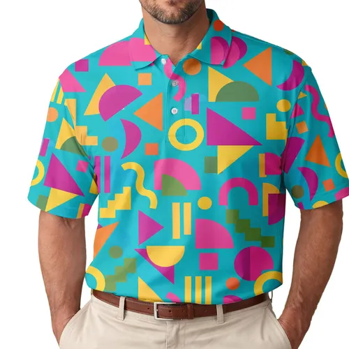 Retro 80s Golf Geometric Shapes for Country Club Weekends and Summer Vacations Men's Polo Shirt