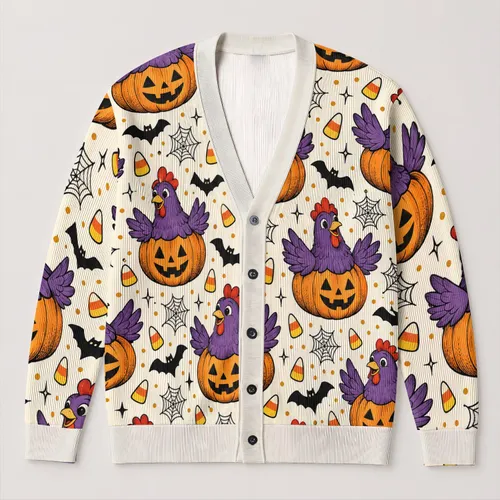 Pumpkin Chicken Halloween Fun for Autumn Gatherings and Casual Layering for Women All-over Print Knitted Cardigan