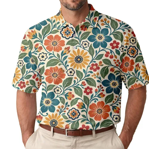 Vintage Teal and Orange Floral Motifs for Summer Golf Days and Resort Weekend Style Men's Polo Shirt
