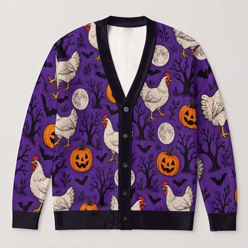 Halloween Pumpkins, Chickens and Bats for Autumn Family Gatherings and Festive Nights All-over Print Knitted Cardigan