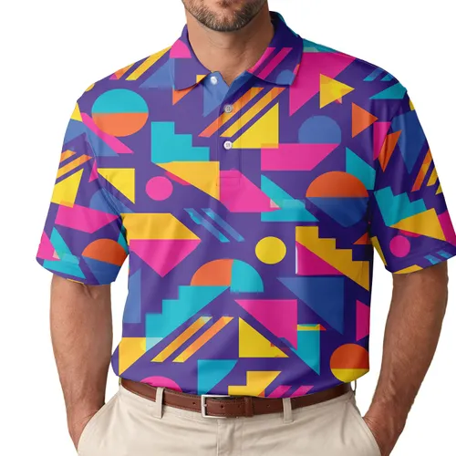 Retro Geometric Golf Colors for Weekend Fairways and Resort Wear Golfers Everywhere Men's Polo Shirt
