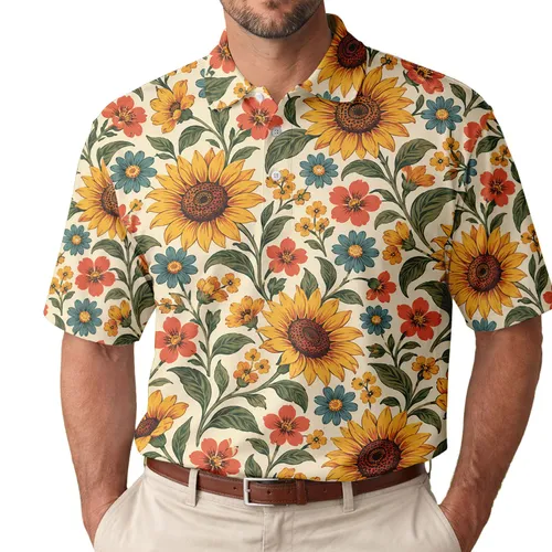 Retro Sunflower Garden Motif for Weekend Golf and Resort Style, 70s Flower Fans Men's Polo Shirt