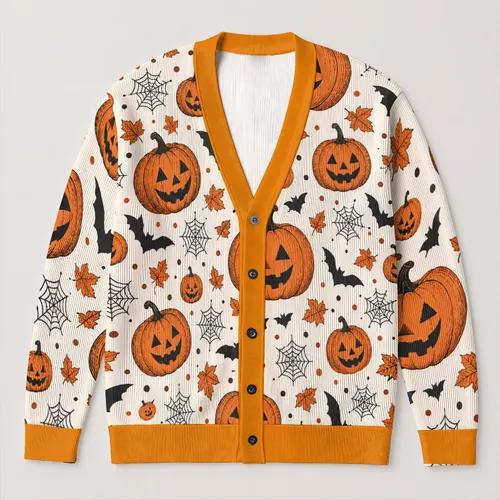 Pumpkin Bat Halloween Motifs For Cozy Autumn Layering, Women’s Festive Seasonal Style All-over Print Knitted Cardigan