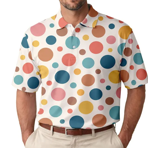 Retro Polka Dot Circles for Golf Outings and Summer Parties, Nostalgic 80s Style Men's Polo Shirt