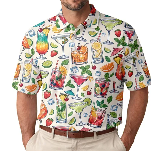 Retro Cocktail Glasses and Citrus Drinks for Leisure Golf Days and Resort Escapes Men's Polo Shirt
