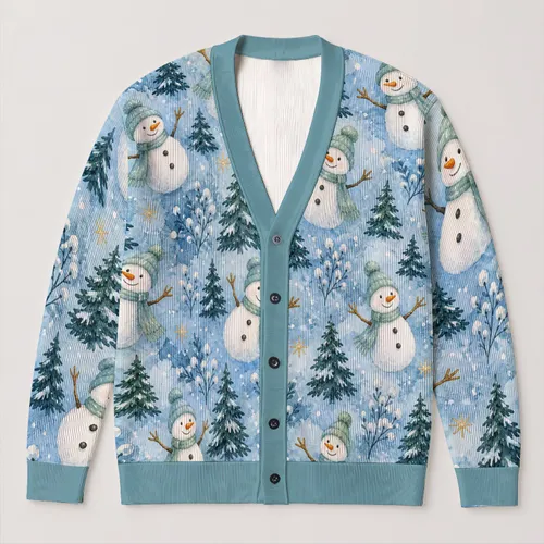 Watercolor Snowman Winter Scene for Holiday Layering and Cozy Vacation Weekend Style All-over Print Knitted Cardigan