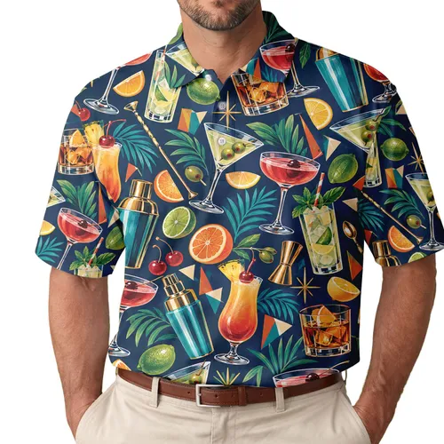 Colorful Cocktail Mixology Motifs for Resort Nights and Happy Hour Entertaining Gifts Men's Polo Shirt